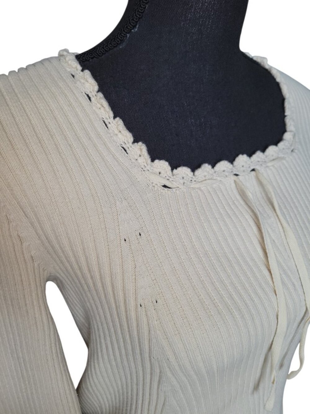 Ralph Lauren Cream Square Neck Lace Trim Ribbed Tie Front Shirt Women's Size M - Picture 5 of 9